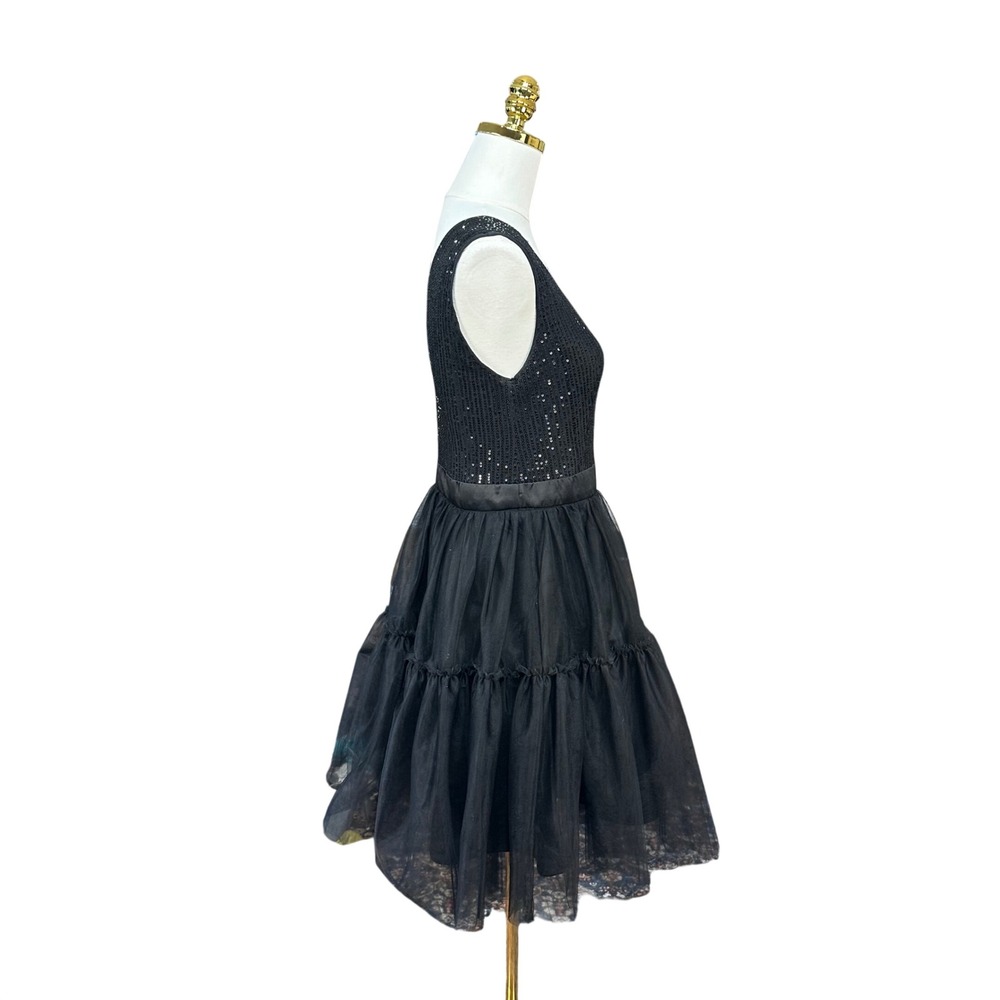 Womens Black Sequin Tulle Tiered Fit and Flare Party Dress Size L Sleeveless - Picture 5 of 8